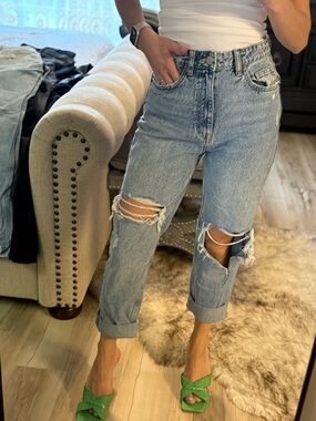 Zara Light Blue Ripped Boyfriend Jeans